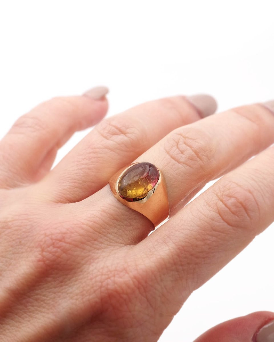 Two-tone Tourmaline Vintage French Signet Ring In 18k Gold, Cabochon Cut, Signet Ring -photo-3