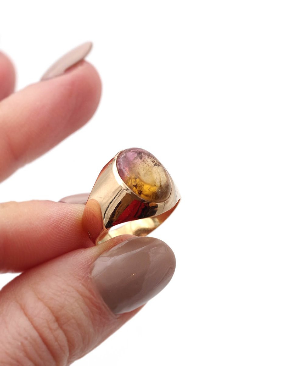 Two-tone Tourmaline Vintage French Signet Ring In 18k Gold, Cabochon Cut, Signet Ring -photo-3