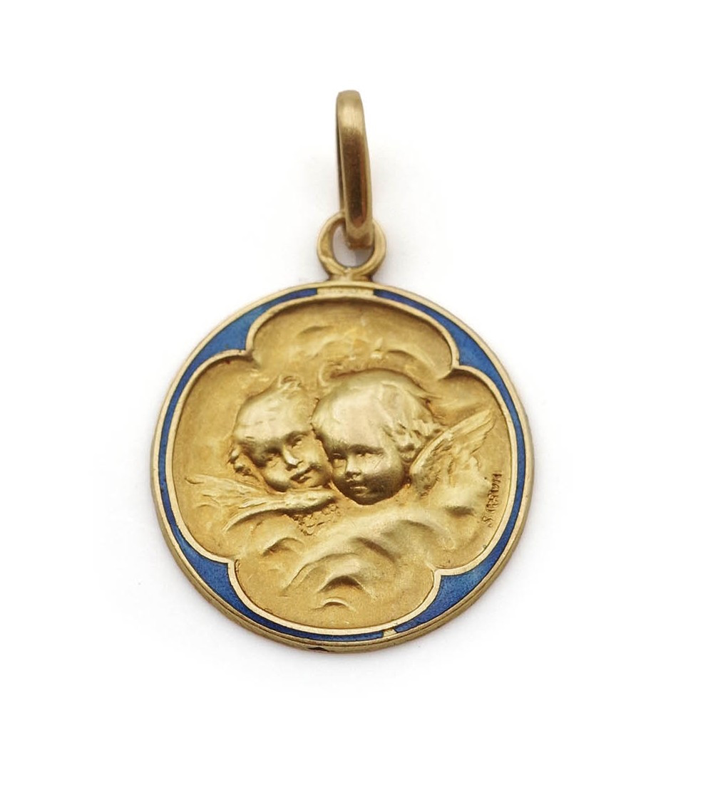 French Art Nouveau Angels Medal In 18k Gold, Enamel Baptismal Pendant Medal