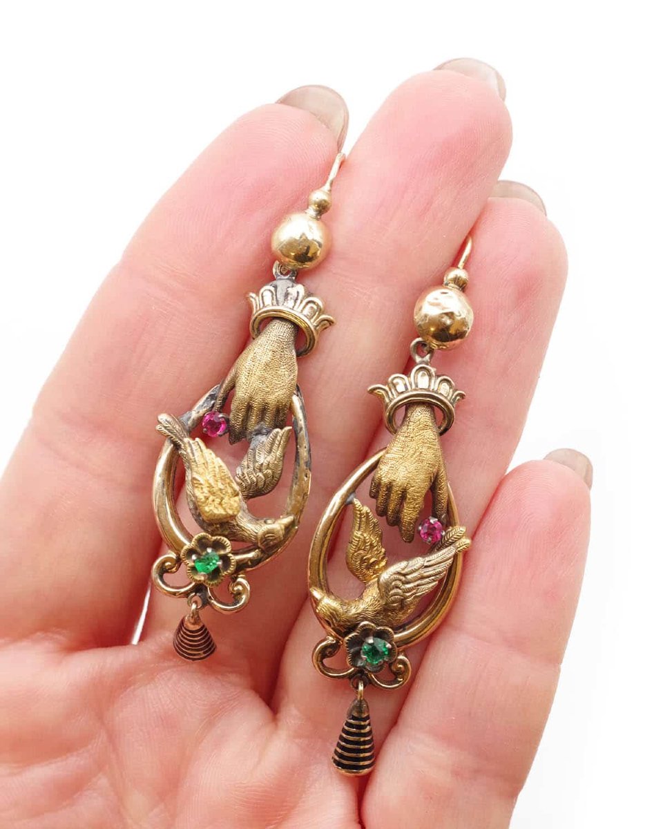 Victorian Hand And Dove Gold Earrings In 18k And 14k, Romantic Earrings, 19th Century -photo-3
