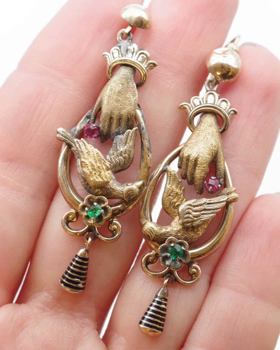 Victorian Hand And Dove Gold Earrings In 18k And 14k, Romantic Earrings, 19th Century -photo-1