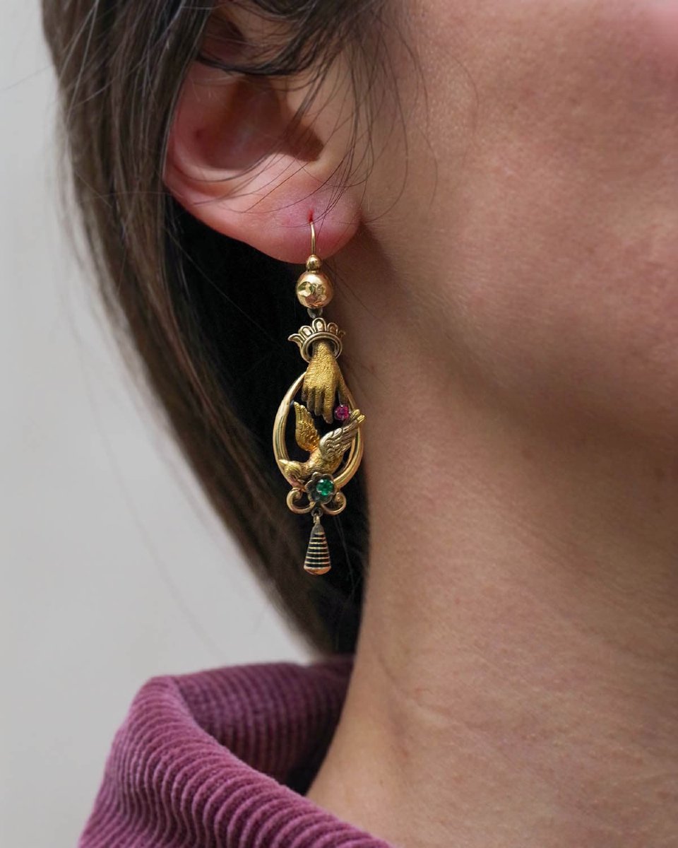 Victorian Hand And Dove Gold Earrings In 18k And 14k, Romantic Earrings, 19th Century -photo-2