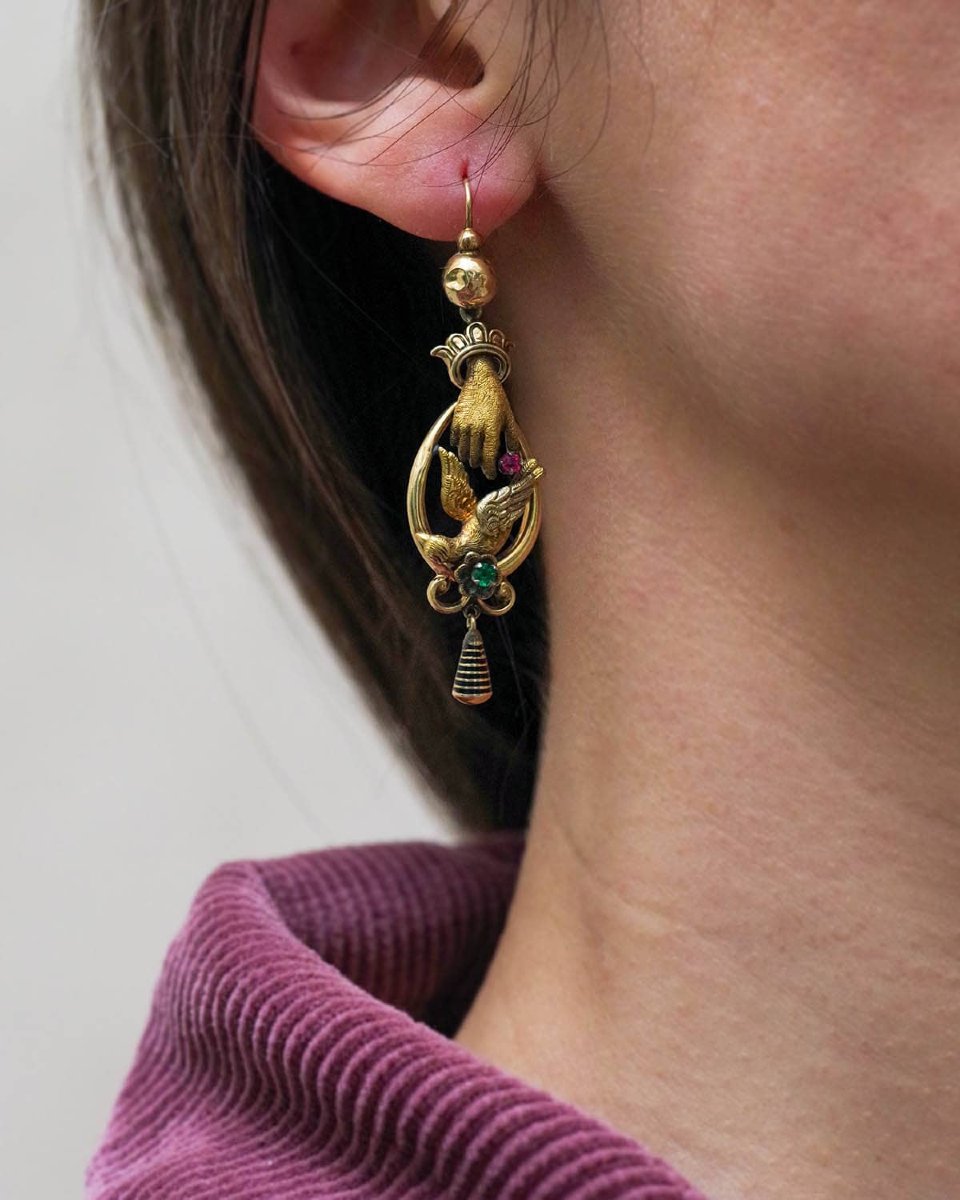 Victorian Hand And Dove Gold Earrings In 18k And 14k, Romantic Earrings, 19th Century -photo-3