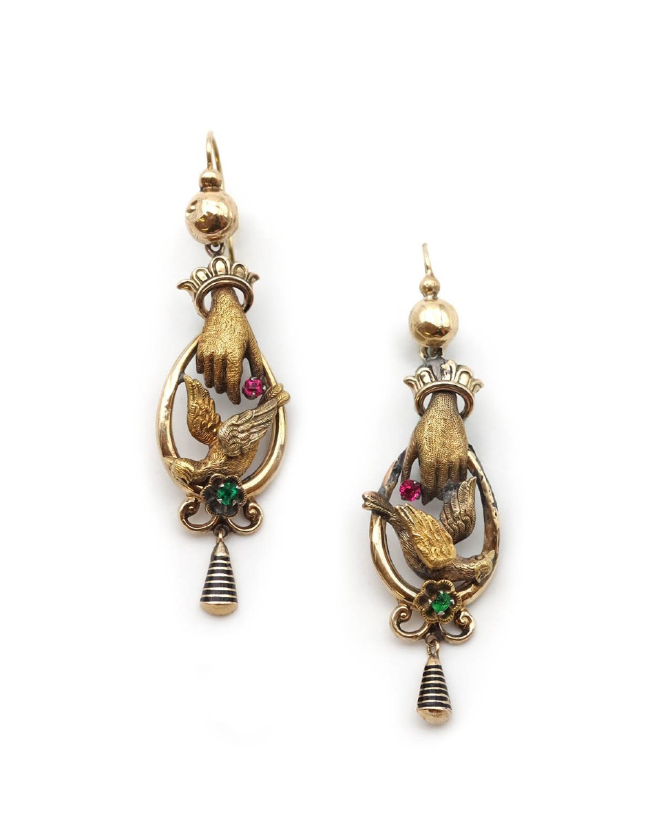 Victorian Hand And Dove Gold Earrings In 18k And 14k, Romantic Earrings, 19th Century 