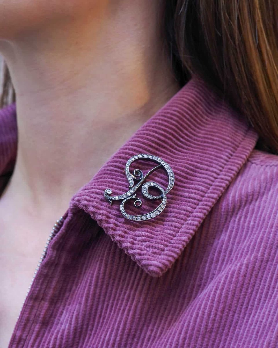 Broche lettre B diamants en argent et or 18k, broche ancienne, diamants, bijoux anciens-photo-4