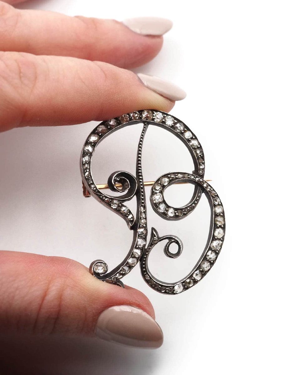 Broche lettre B diamants en argent et or 18k, broche ancienne, diamants, bijoux anciens-photo-1