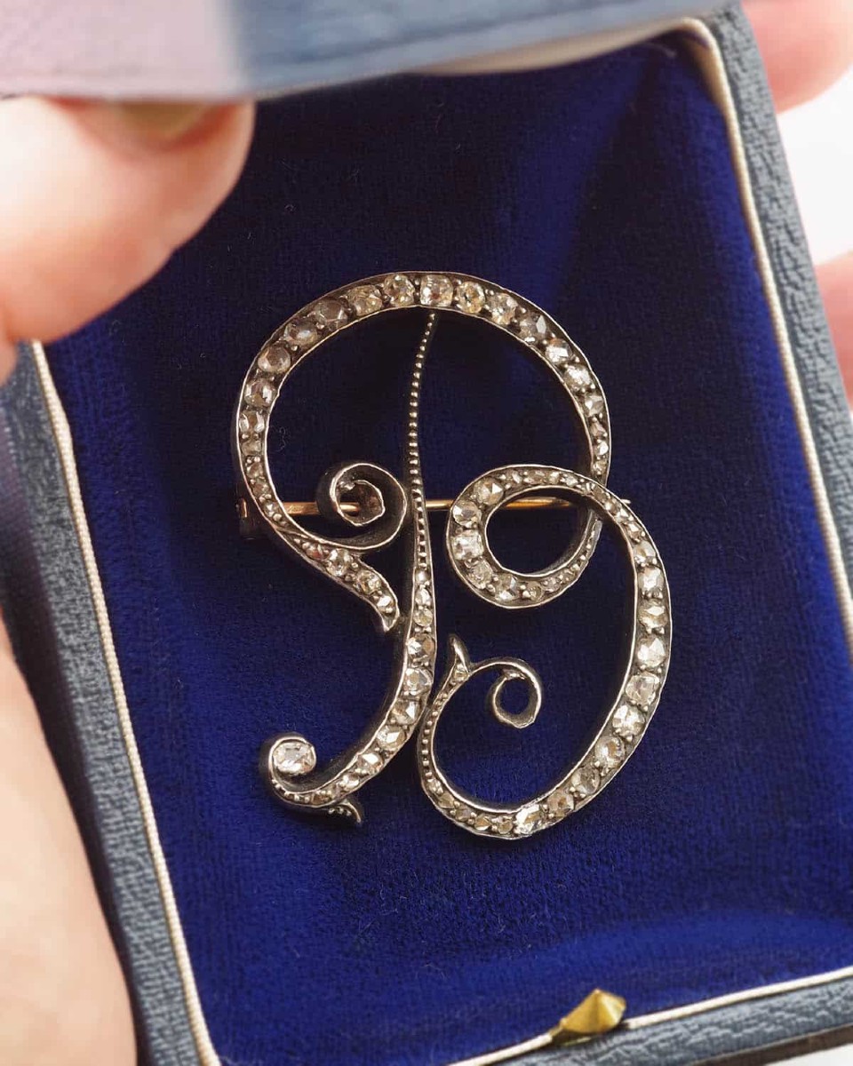 Broche lettre B diamants en argent et or 18k, broche ancienne, diamants, bijoux anciens