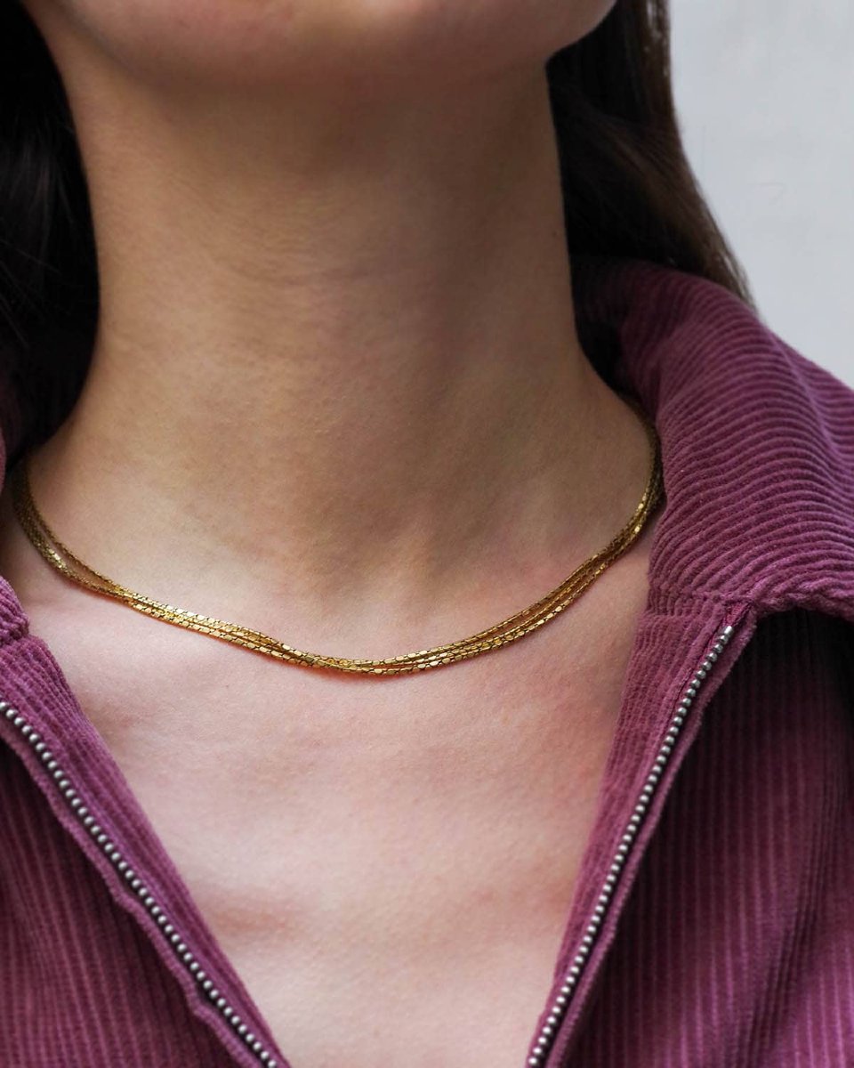 Vintage Three Rows French Necklace In 18k Gold, Cobra Chain, Snake Chain -photo-2