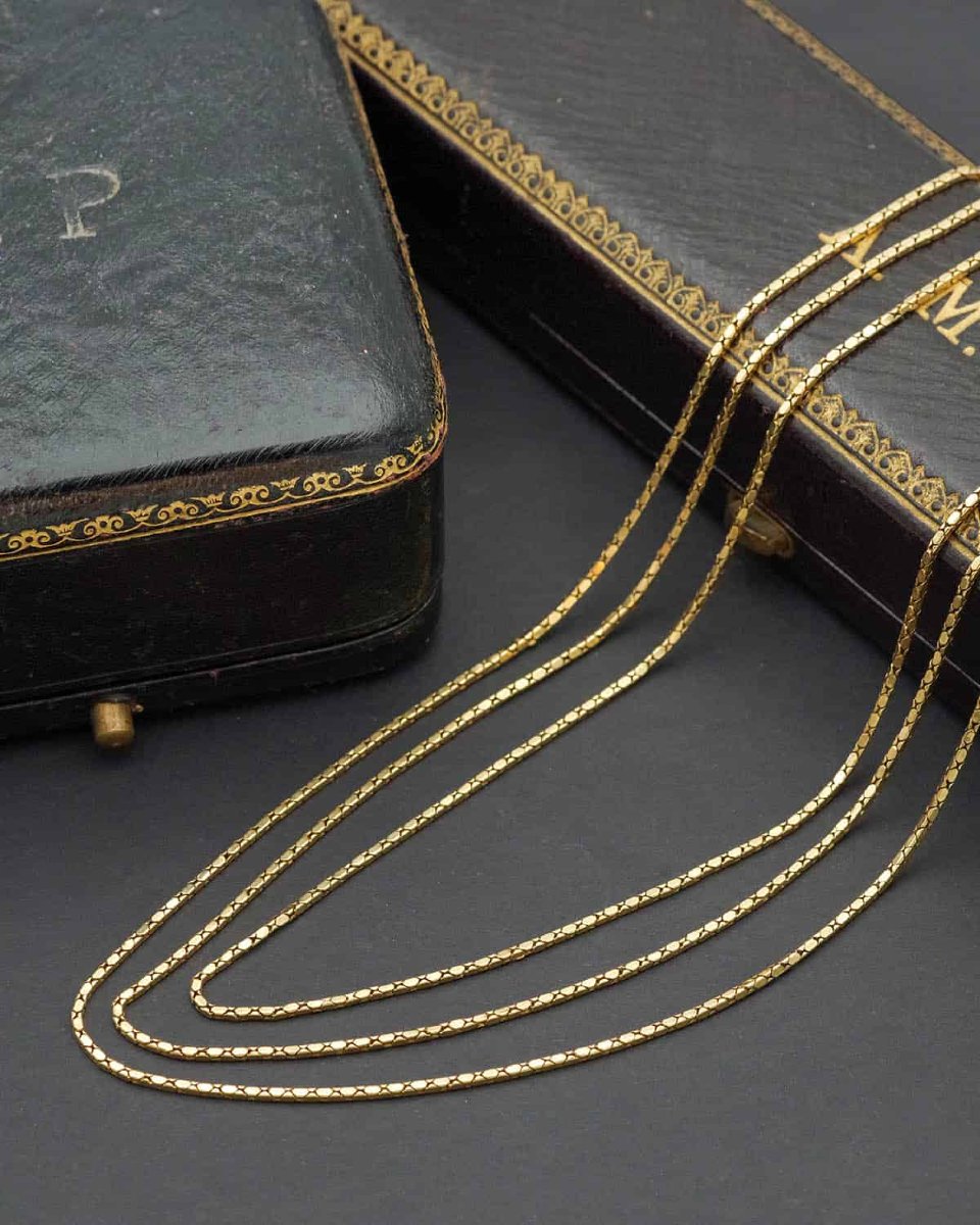 Vintage Three Rows French Necklace In 18k Gold, Cobra Chain, Snake Chain -photo-4