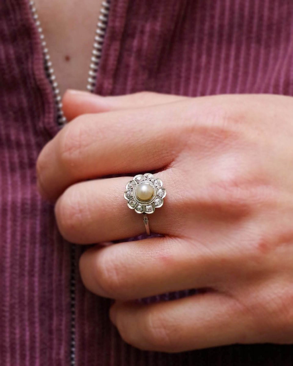 Bague fleur perle diamants Art deco en platine, bijou ancien, diamants 0.40 ct-photo-3