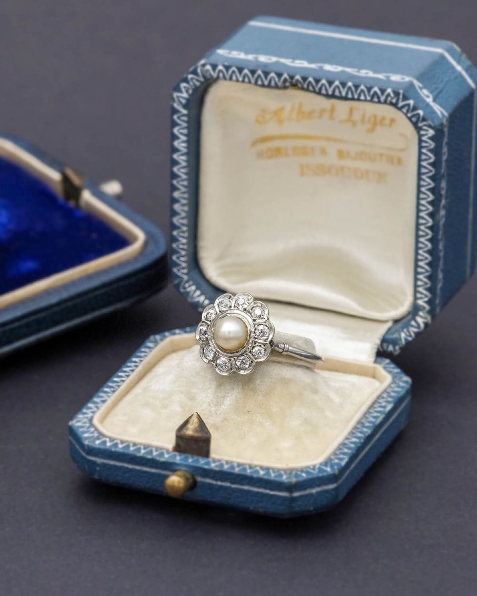 Bague fleur perle diamants Art deco en platine, bijou ancien, diamants 0.40 ct-photo-3