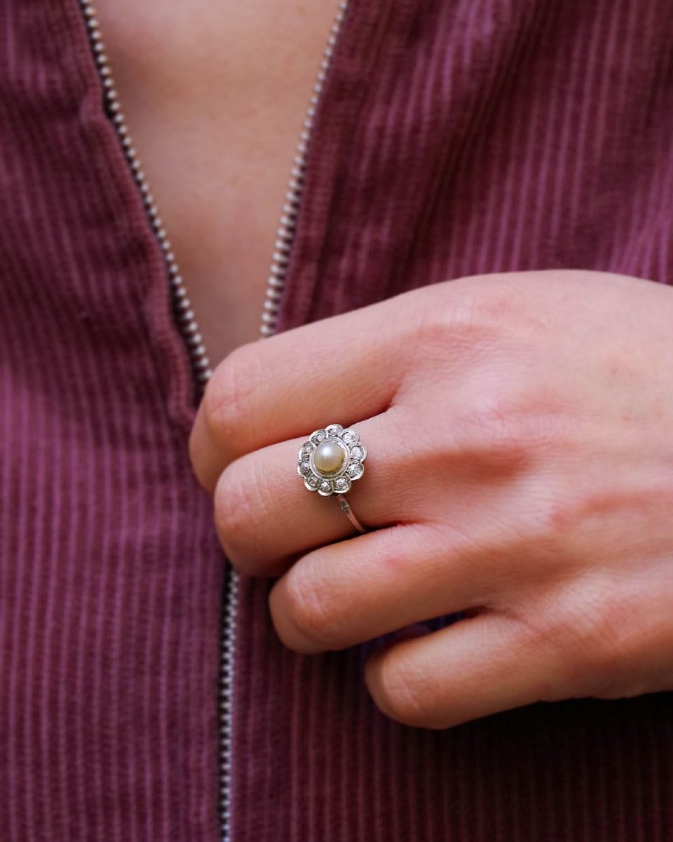 Bague fleur perle diamants Art deco en platine, bijou ancien, diamants 0.40 ct-photo-4