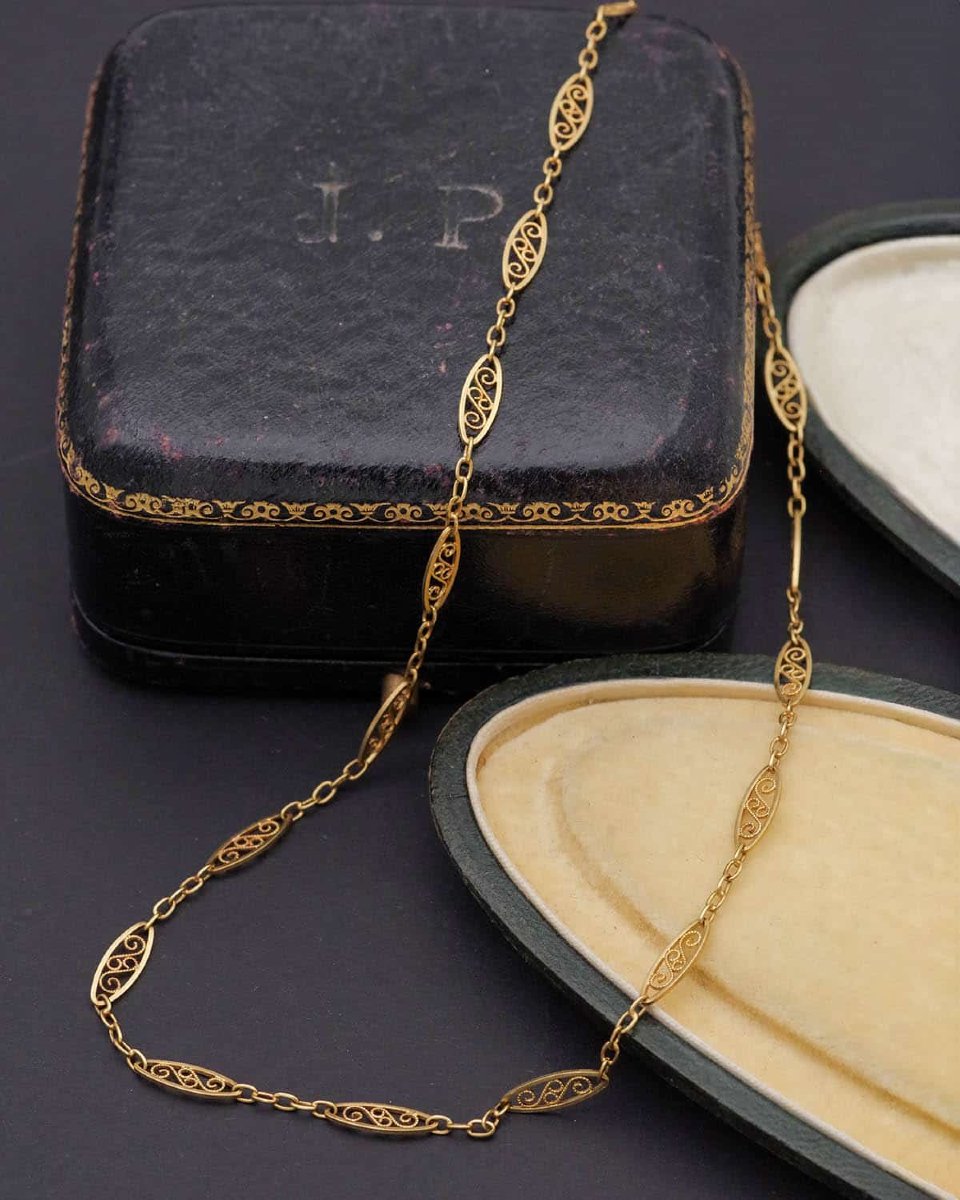 Antique French Victorian Filigree 17.5' Gold Chain In 18k, Watch Chain-photo-3