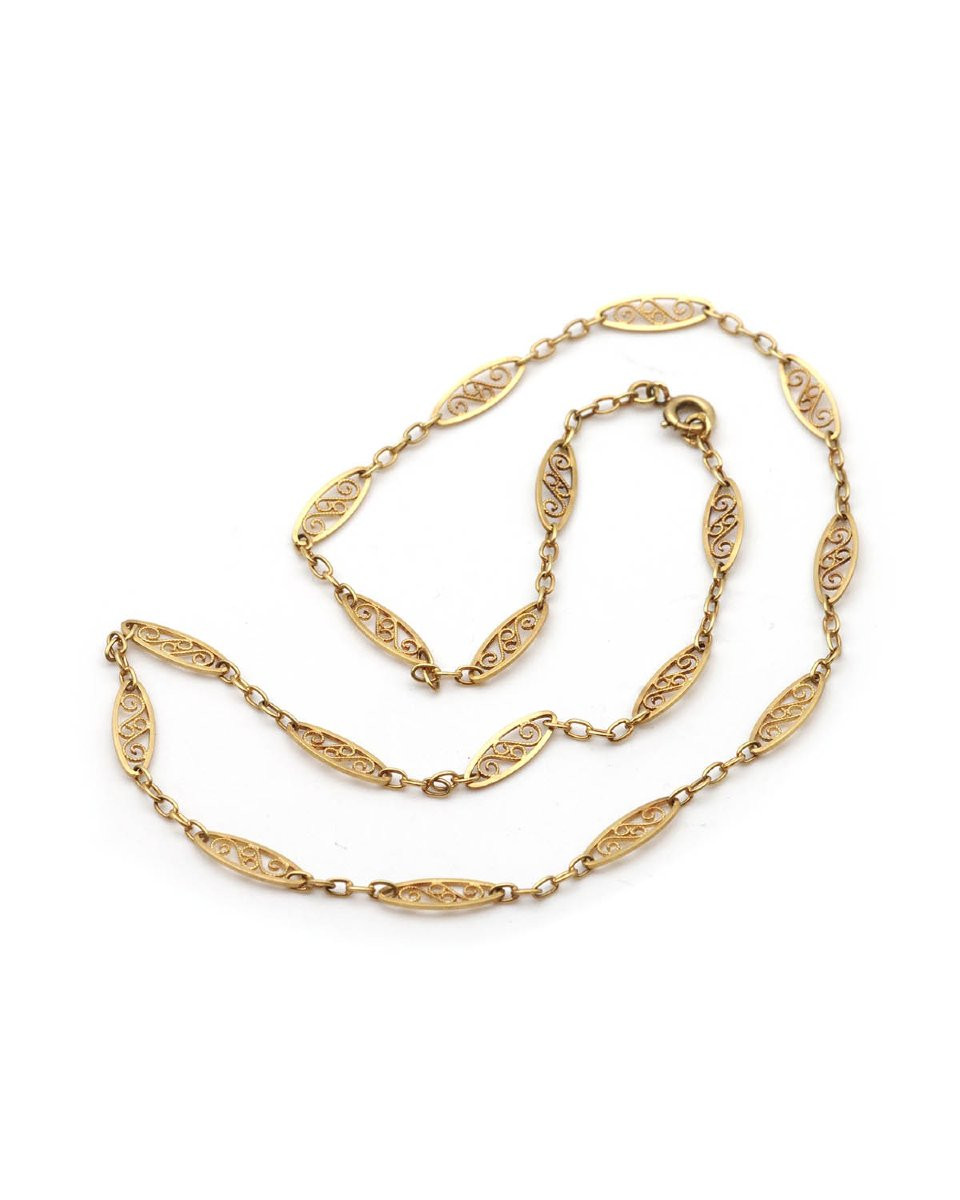 Antique French Victorian Filigree 17.5' Gold Chain In 18k, Watch Chain-photo-4
