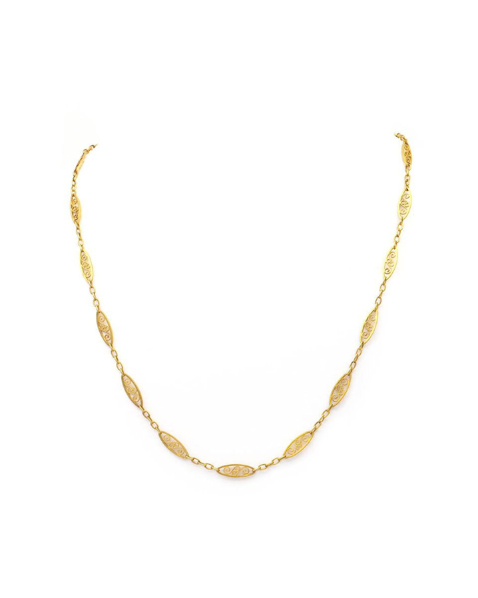 Antique French Victorian Filigree 17.5' Gold Chain In 18k, Watch Chain-photo-1