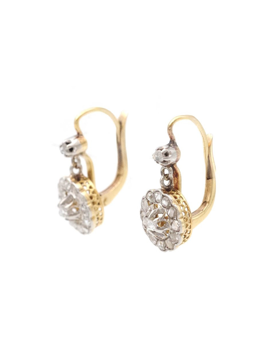 Cluster Diamonds Belle Epoque Earrings On 18k Gold And Platinum, Rose Cut Diamonds -photo-2