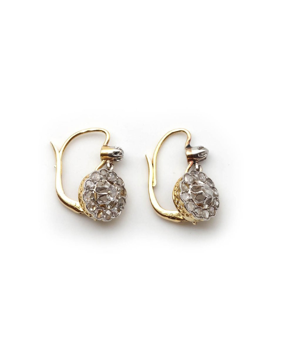Cluster Diamonds Belle Epoque Earrings On 18k Gold And Platinum, Rose Cut Diamonds -photo-3
