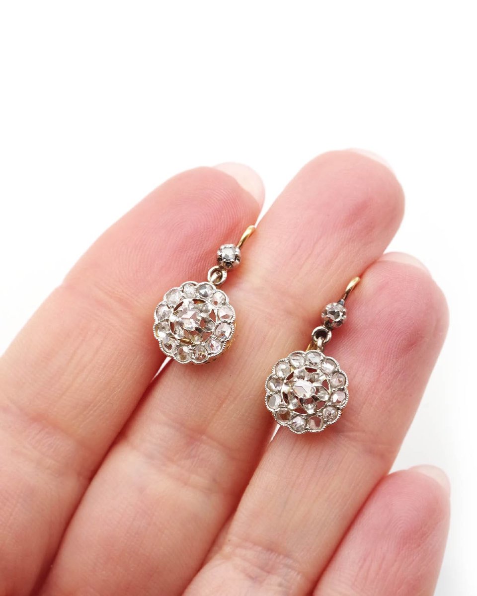 Cluster Diamonds Belle Epoque Earrings On 18k Gold And Platinum, Rose Cut Diamonds -photo-1