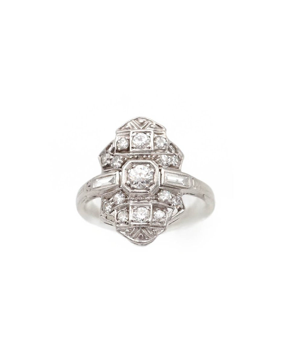 Art Deco Diamond Navette Ring In Gold And Platinum, French Art Deco Jewelry -photo-2