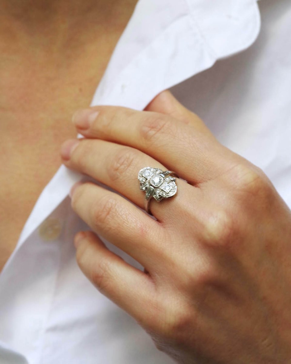 Art Deco Diamond Navette Ring In Gold And Platinum, French Art Deco Jewelry -photo-2