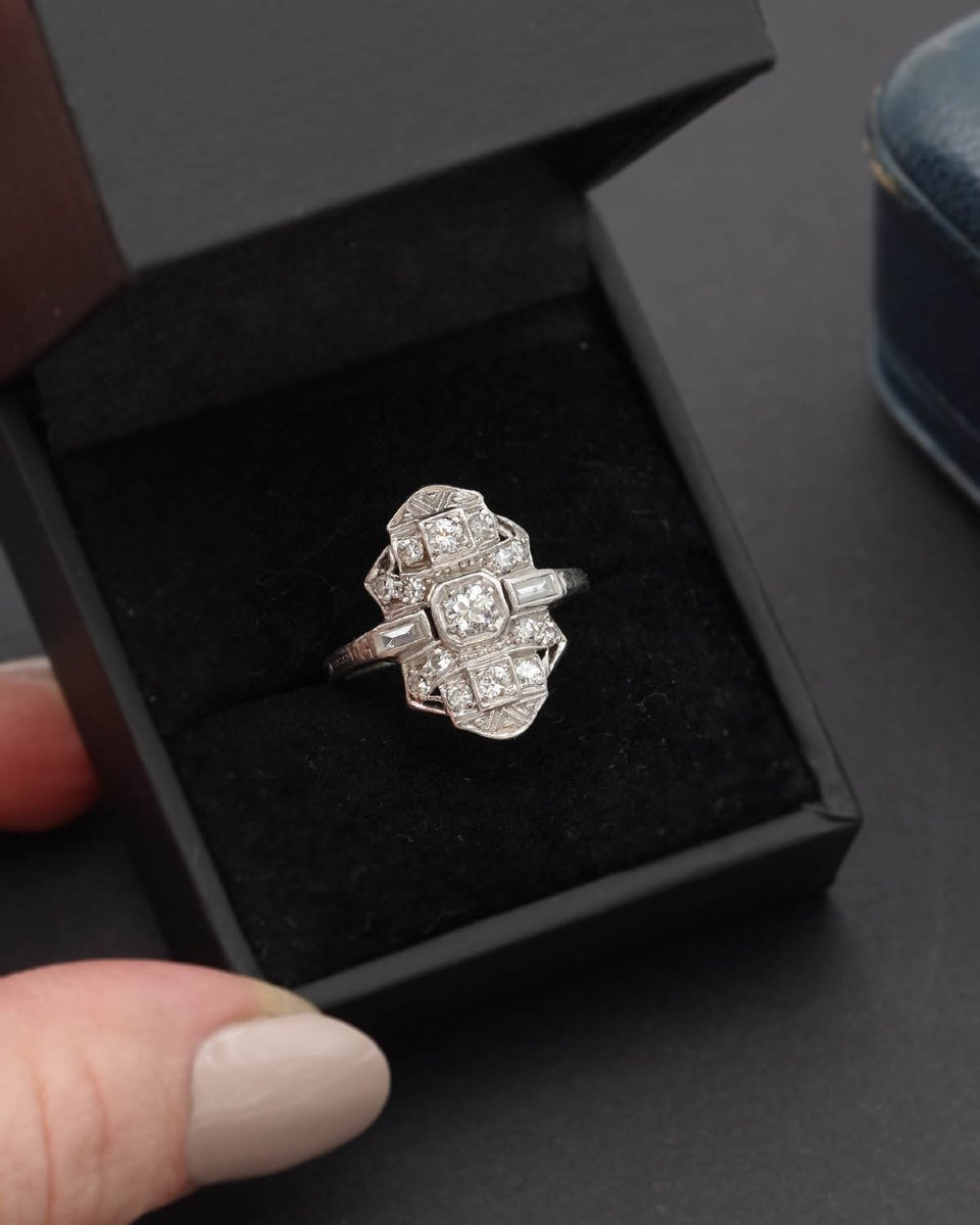 Art Deco Diamond Navette Ring In Gold And Platinum, French Art Deco Jewelry -photo-3