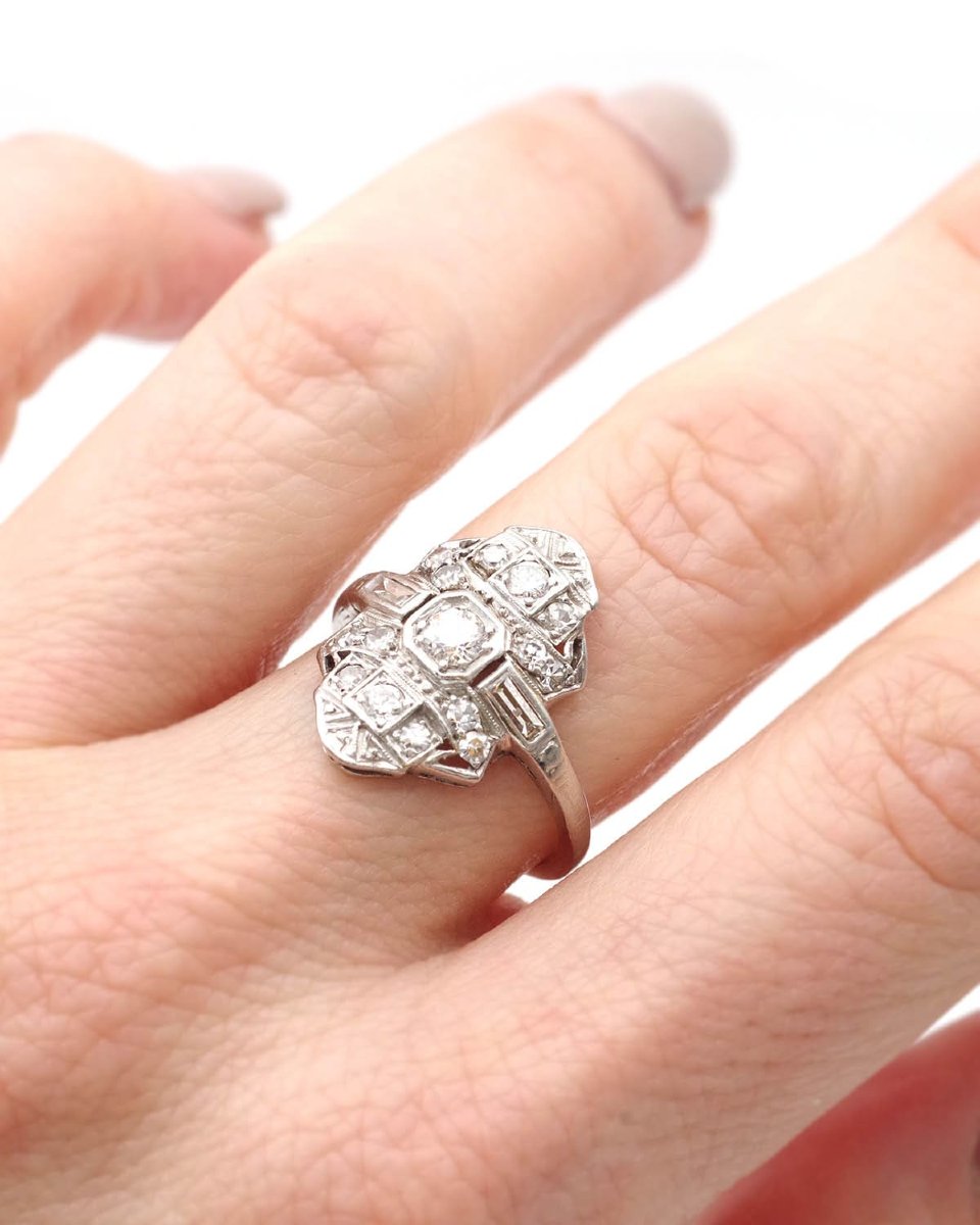 Art Deco Diamond Navette Ring In Gold And Platinum, French Art Deco Jewelry -photo-4