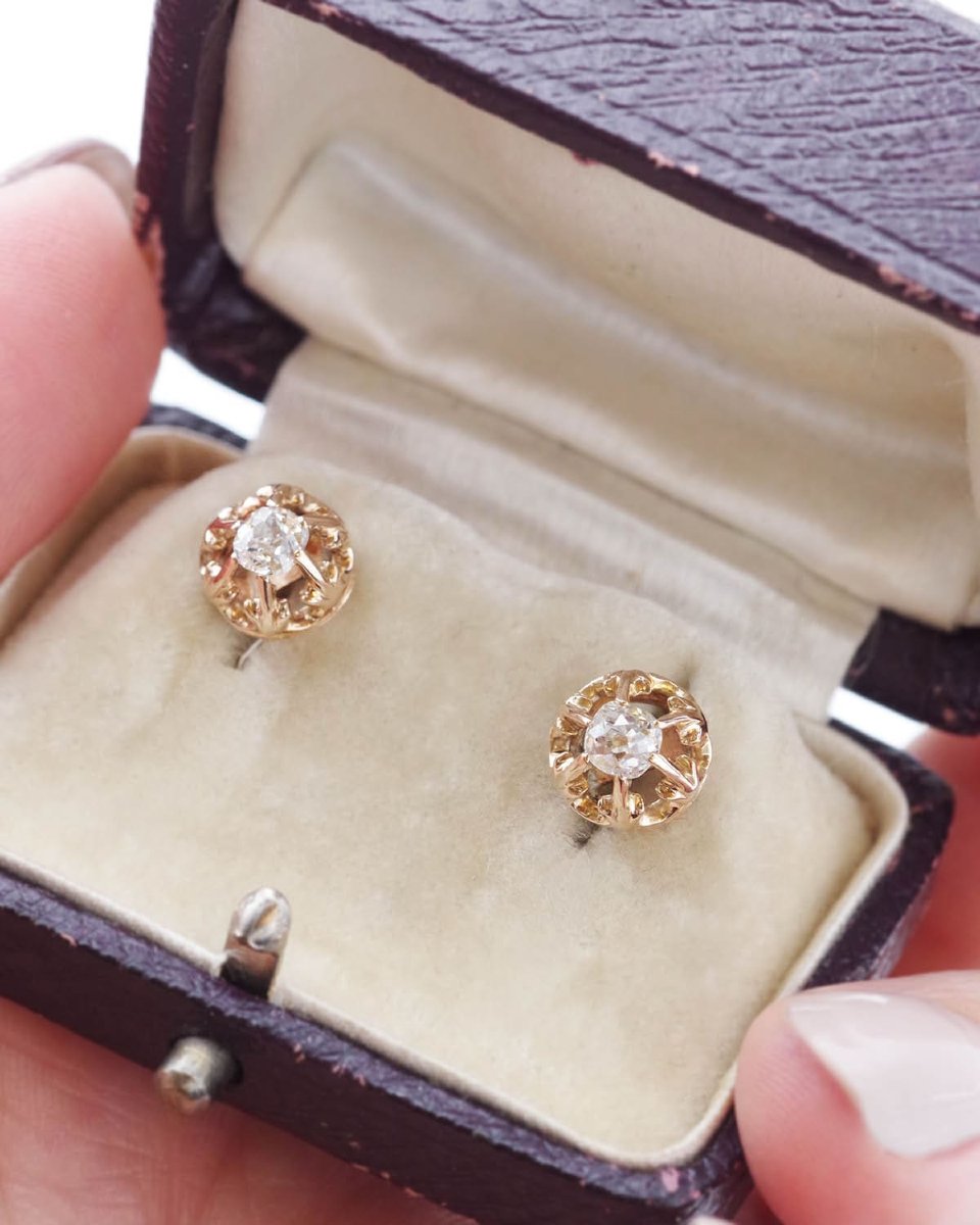 Clous d’oreille diamants 0.44 ct en or 18k, boucles d'oreille diamants anciennes -photo-1