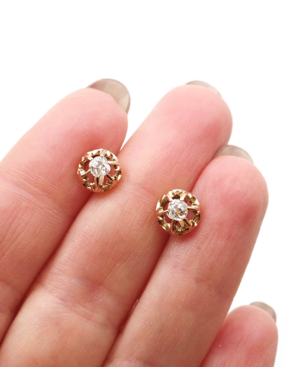 Clous d’oreille diamants 0.44 ct en or 18k, boucles d'oreille diamants anciennes -photo-2