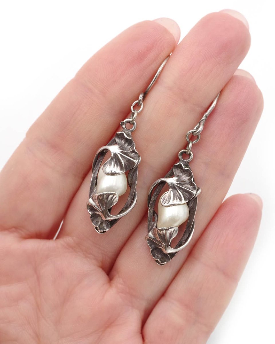 Boucles d'oreille Paul Dumont ginko en argent, Bijou Art Nouveau-photo-1