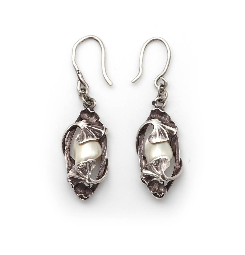 Boucles d'oreille Paul Dumont ginko en argent, Bijou Art Nouveau