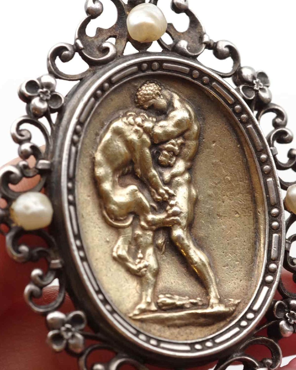 Neo-renaissance Jules Wiese Pendant With Hercules And Nemean Lion, Archaeological Revival Jewel-photo-2