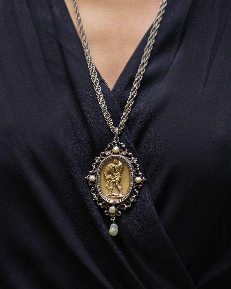 Neo-renaissance Jules Wiese Pendant With Hercules And Nemean Lion, Archaeological Revival Jewel-photo-3