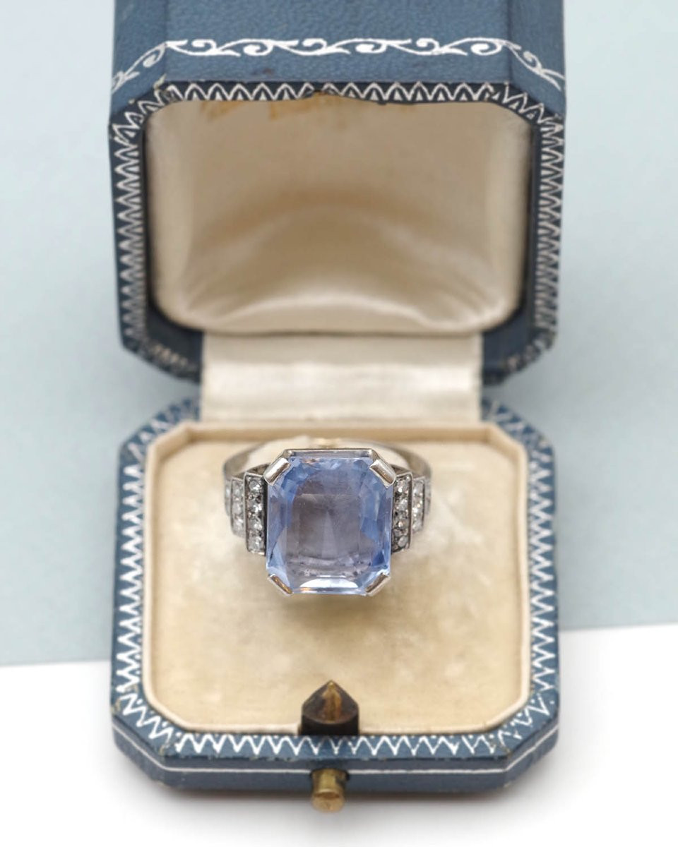 Ceylon Sapphire Certified 9.88 Cts Art Deco Ring In Platinum, Diamond Ring-photo-4