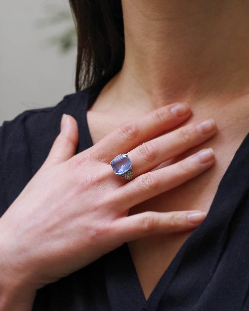 Ceylon Sapphire Certified 9.88 Cts Art Deco Ring In Platinum, Diamond Ring-photo-1