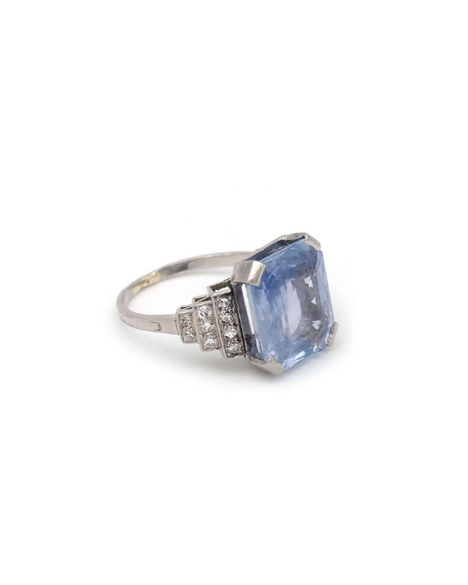 Ceylon Sapphire Certified 9.88 Cts Art Deco Ring In Platinum, Diamond Ring-photo-2