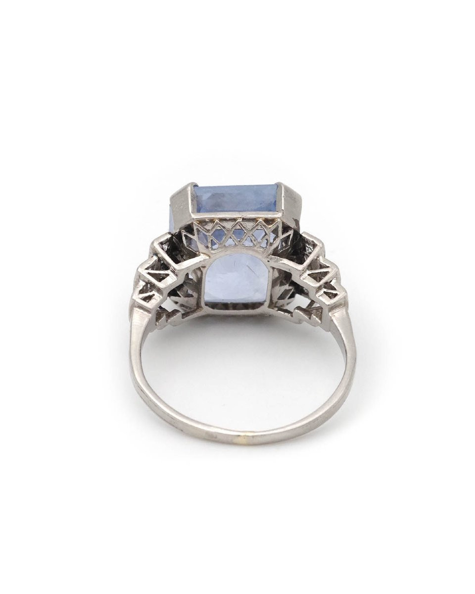 Ceylon Sapphire Certified 9.88 Cts Art Deco Ring In Platinum, Diamond Ring-photo-3