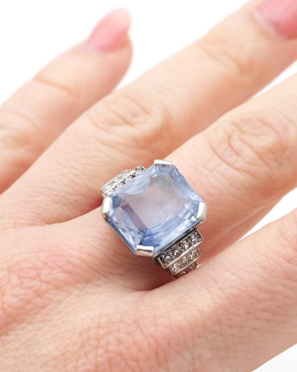 Ceylon Sapphire Certified 9.88 Cts Art Deco Ring In Platinum, Diamond Ring-photo-4