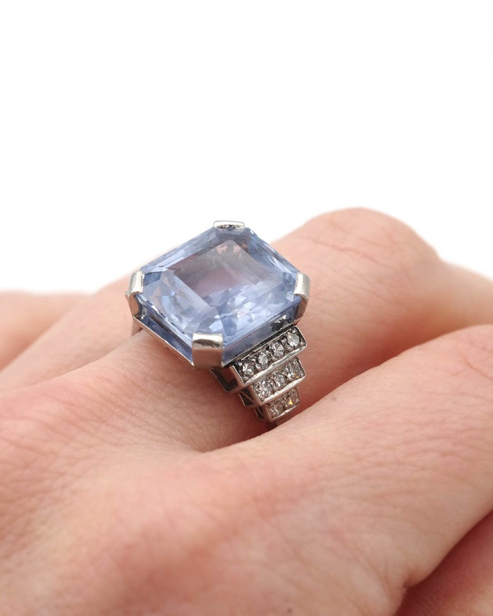 Ceylon Sapphire Certified 9.88 Cts Art Deco Ring In Platinum, Diamond Ring-photo-5