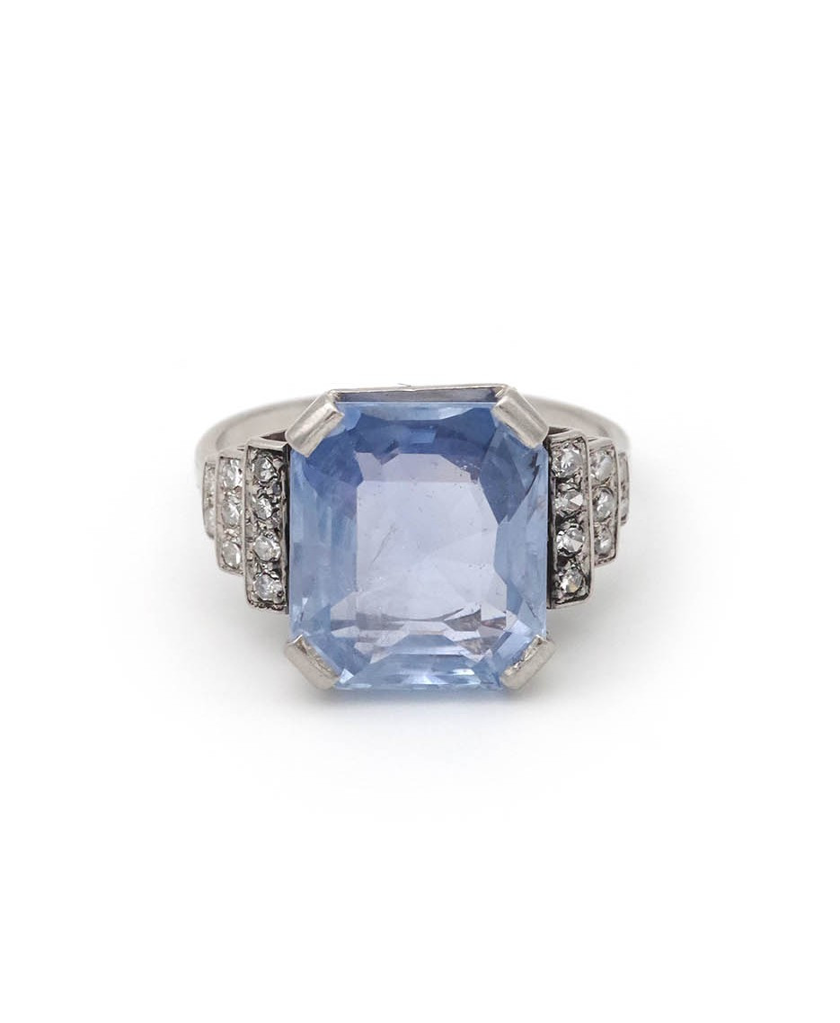 Ceylon Sapphire Certified 9.88 Cts Art Deco Ring In Platinum, Diamond Ring