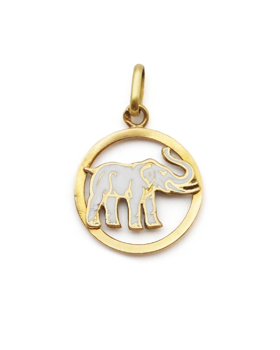 Lucky White Elephant Pendant In 18 Karat Gold, Antique Charm-photo-2