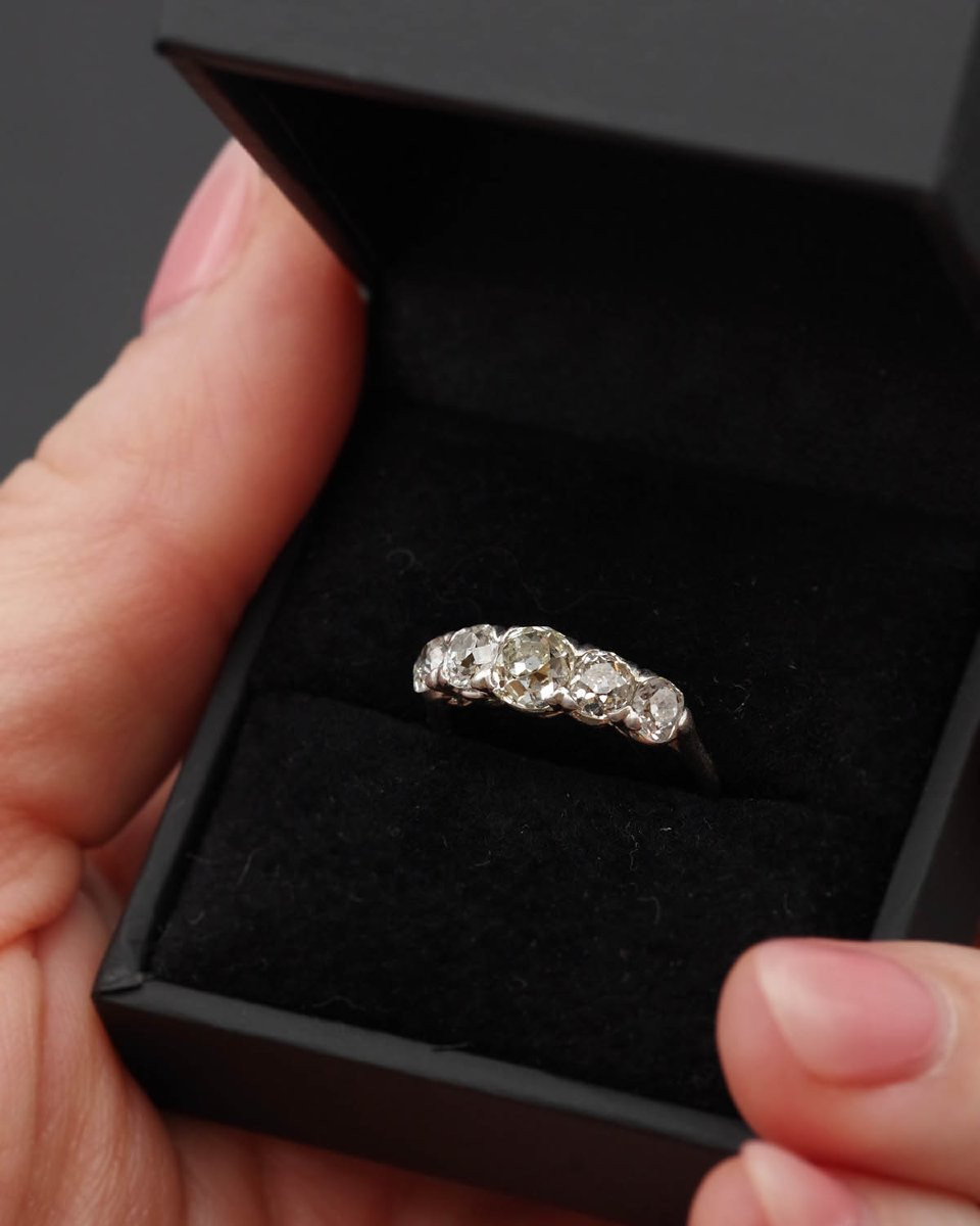 Five Old-cut Diamonds Platinum Ring, 1.42 Ct, Antique Band Ring-photo-2