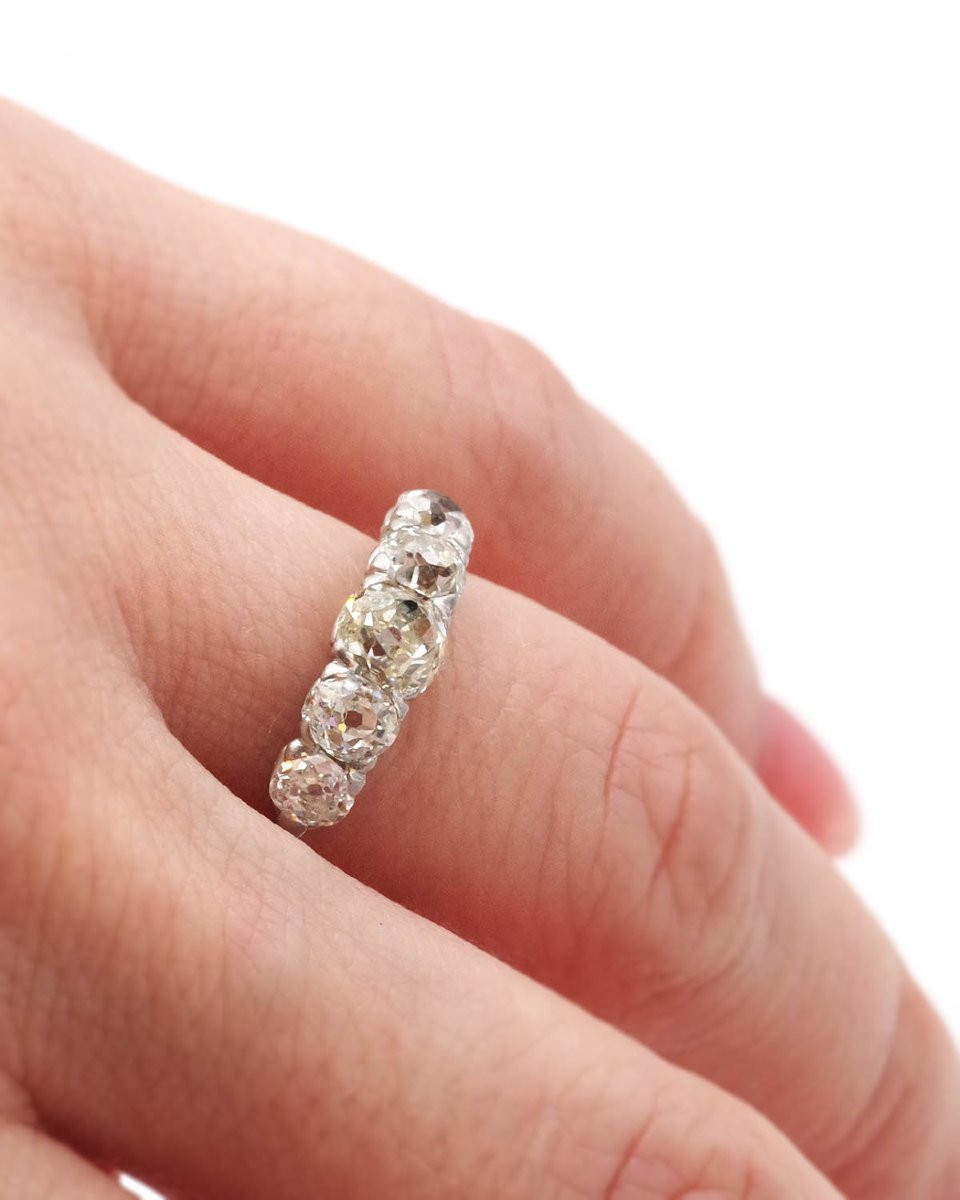 Five Old-cut Diamonds Platinum Ring, 1.42 Ct, Antique Band Ring-photo-3
