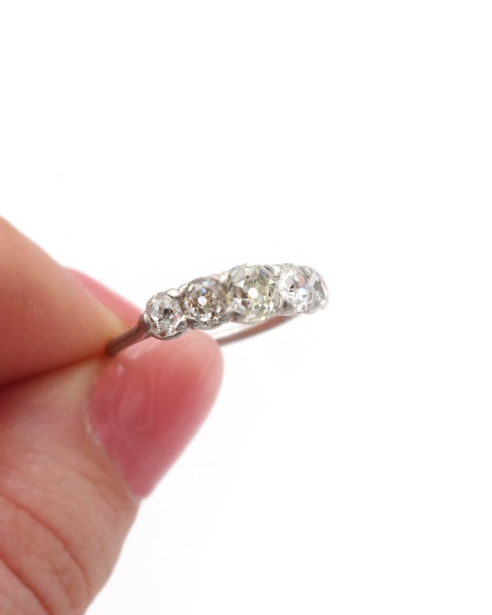 Five Old-cut Diamonds Platinum Ring, 1.42 Ct, Antique Band Ring-photo-4
