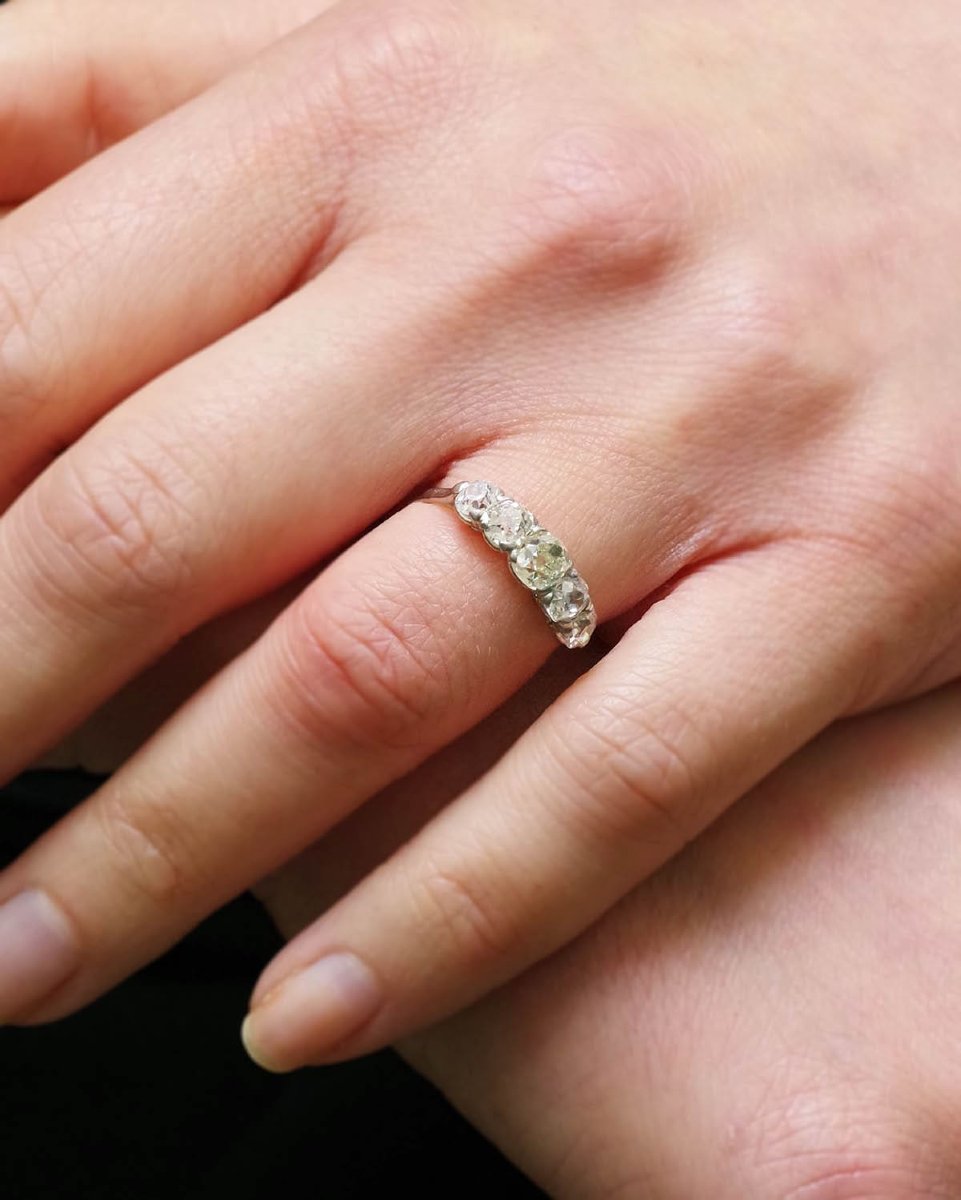 Five Old-cut Diamonds Platinum Ring, 1.42 Ct, Antique Band Ring-photo-4