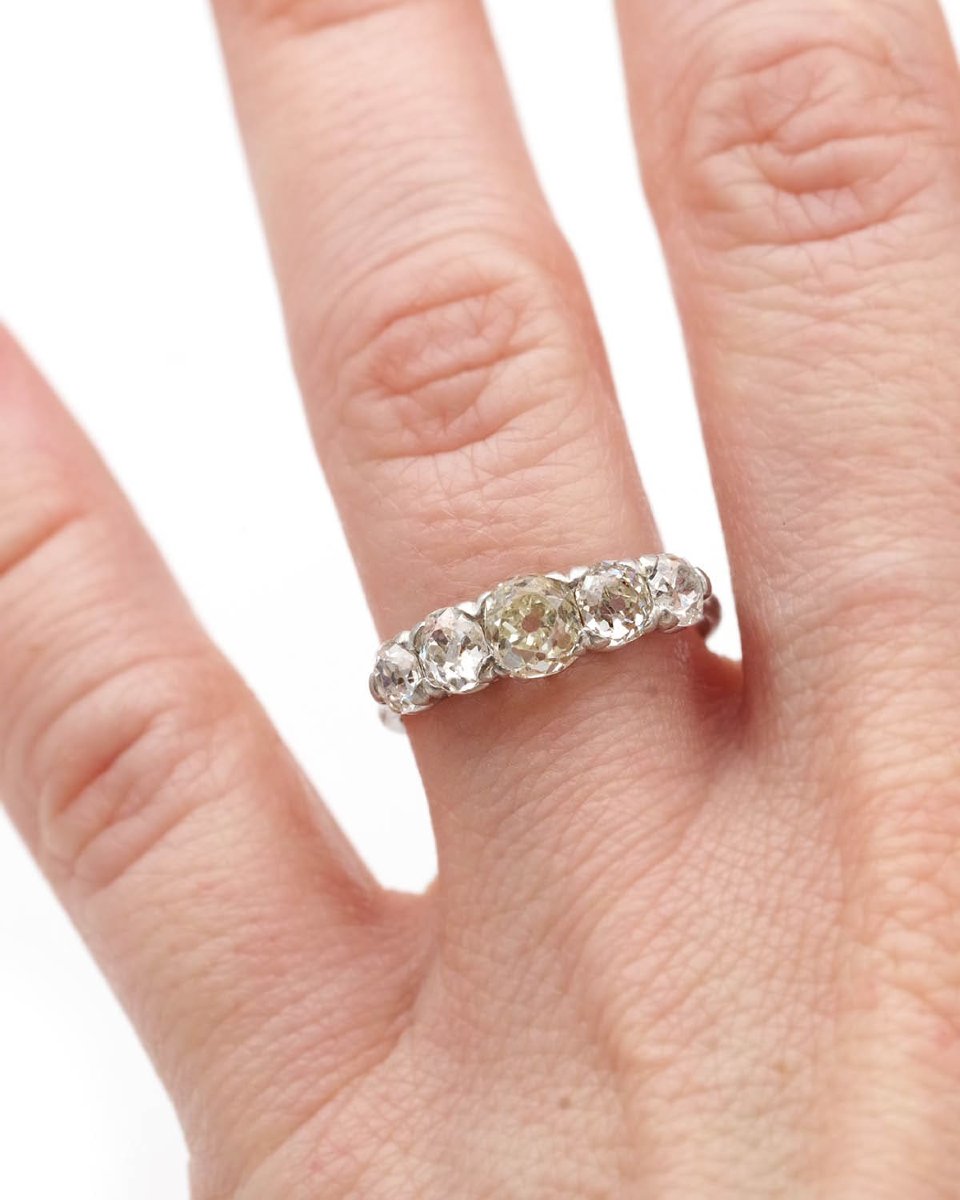 Five Old-cut Diamonds Platinum Ring, 1.42 Ct, Antique Band Ring-photo-5