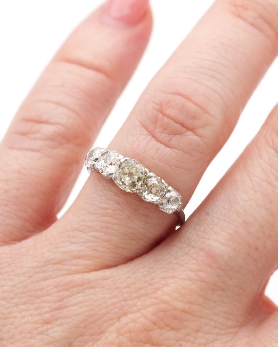 Five Old-cut Diamonds Platinum Ring, 1.42 Ct, Antique Band Ring-photo-6