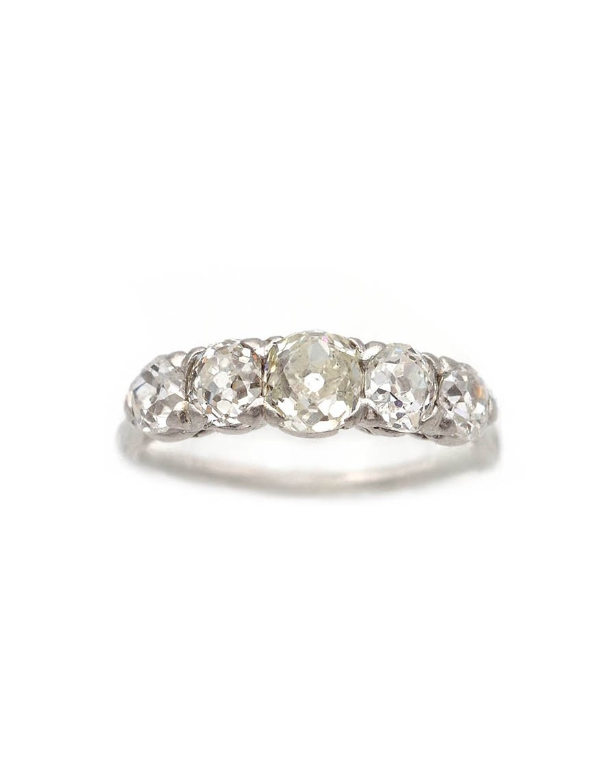 Five Old-cut Diamonds Platinum Ring, 1.42 Ct, Antique Band Ring