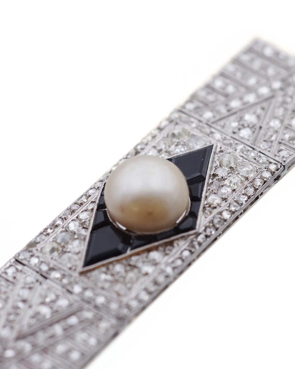Broche Art Deco onyx perle fine et diamants en platine, broche ancienne, perle fine certifiée -photo-3