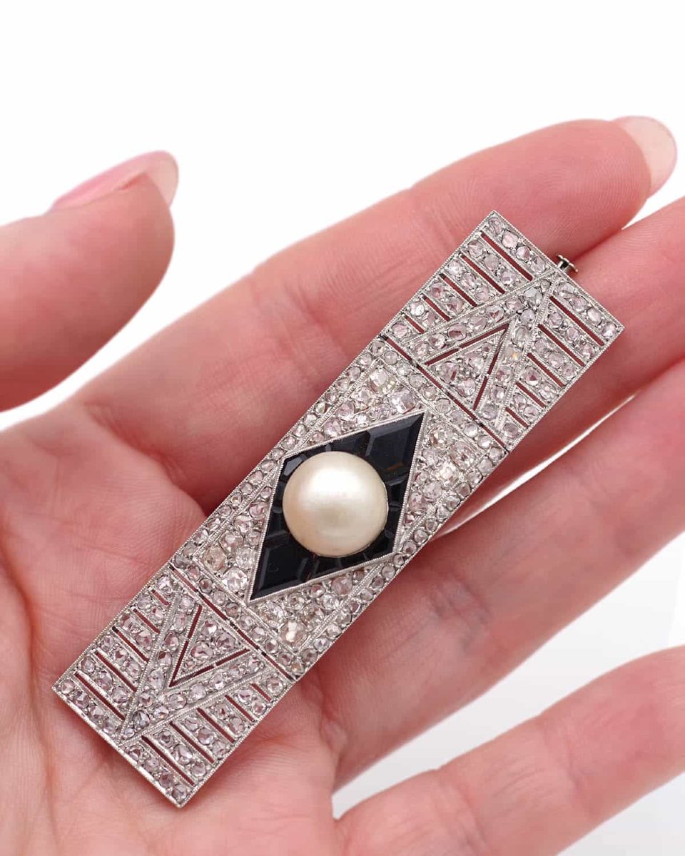 Broche Art Deco onyx perle fine et diamants en platine, broche ancienne, perle fine certifiée -photo-4