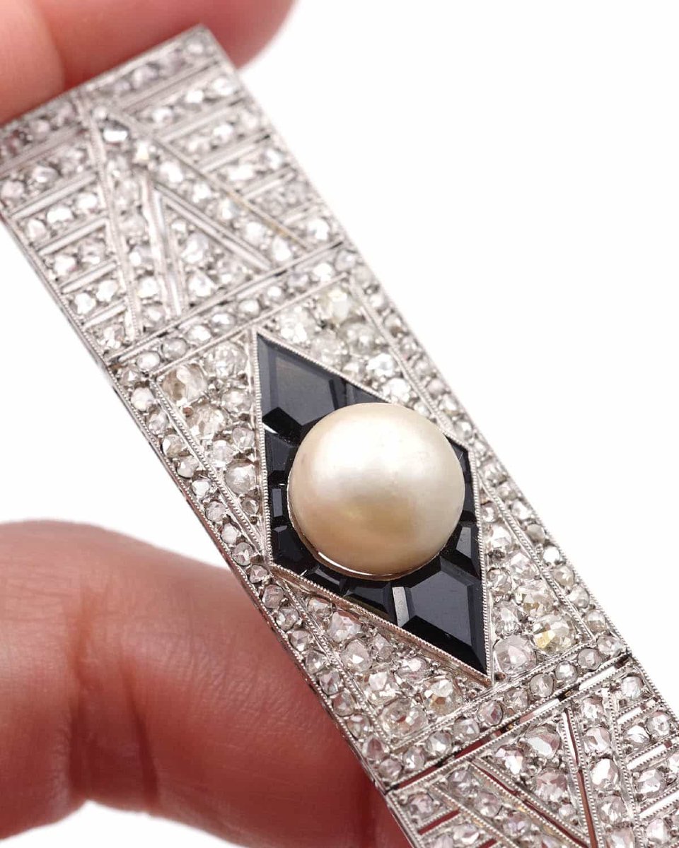 Broche Art Deco onyx perle fine et diamants en platine, broche ancienne, perle fine certifiée -photo-1